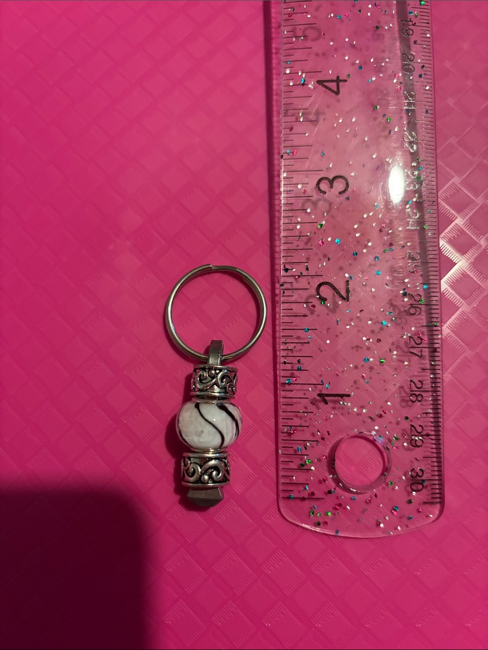 Silver-Tone Keychain with Swirled White Stone Bead